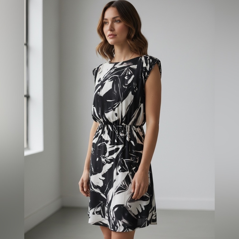 Alice + Olivia 96% Silk Black White Abstract Mini Dress XS